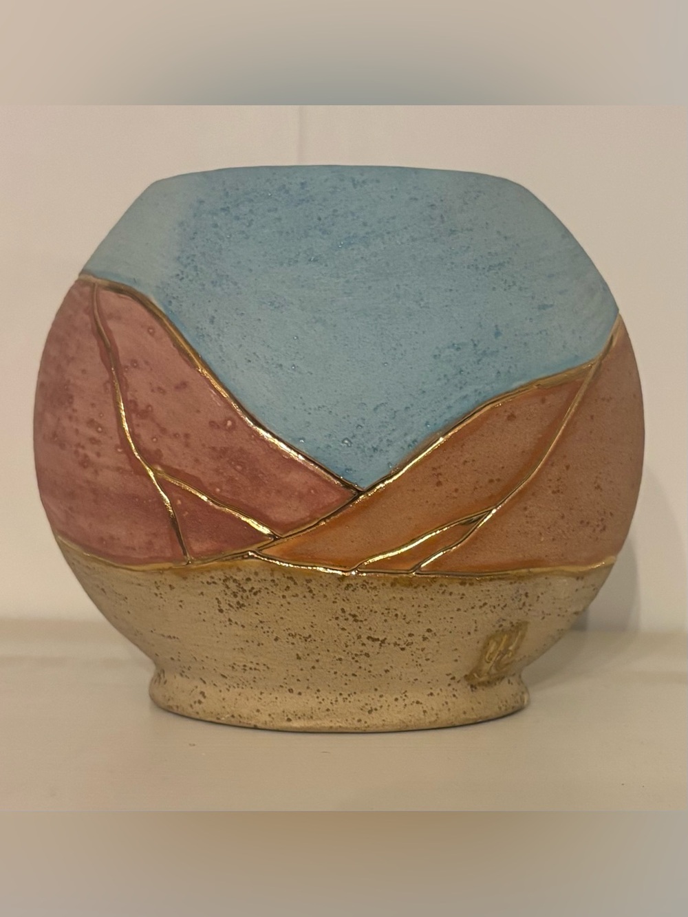 Signed Studio Art Pottery Vase Abstract Landscape Blue Pink Gold 5” MCM